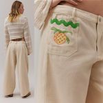 Urban Outfitters NEW UO Strawberry Print Embroidered Cream Joey Wide Leg Oversized Pant Sz 2 Photo 2