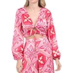 NEW NWT Caroline Constas Cropped Satin Blouse Vneck Boho Patterned Pink Size M Photo 1