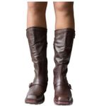 Pollini Brown Leather Motorcycle Boots Square Toe Buckle Side Zip EU38 US 7.5 Photo 2
