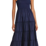 Kourt Navy Blue Square Neck Smocked Cotton Poplin Tiered Midi Dress size Small Photo 0