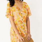 Rewind  Floral Bright Colorful Button Front Flutter Sleeve Skater Dress Photo 0