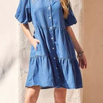 Karen Kane  Tiered‎ Denim Dress Button Front Short Sleeve Pockets Casual Summer Photo 0