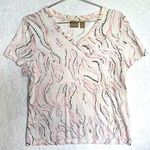 Chico's Chico’s White V Neck Tee with Pink Black & Beige Dots Size 1/med Cotton Blend Photo 0