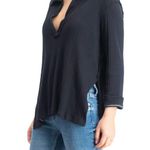 Free People  Annie Rib Knit Collared Top Women S Navy Boho Stylish Travel Resort Photo 1
