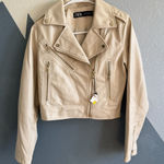 ZARA  Cream Ecru Cropped Faux Leather Biker Jacket Size XS Photo 0