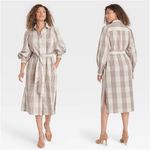 A New Day Long Sleeve High Cuff puff sleeve plaid Shirtdress brown white Small Photo 1