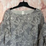 Badgley Mischka  Navy Striped Floral Print Tiered Bell Sleeve Boatneck Dress Sz 4 Photo 1