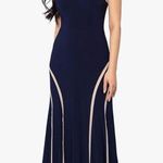 XScape Mesh-Detail Halter Maxi Dress Navy Nude Evening Wedding Guest Gown Size 2 Photo 9