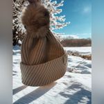 Calvin Klein  Ribbed Beanie with Faux Fur Pom | Ribbed Knit | Taupe | NWT | Snow Photo 1