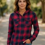 Aritzia TNA Hooded Plaid Boyfriend Fit Button Down Long Sleeve Red Navy XS Blue Photo 0