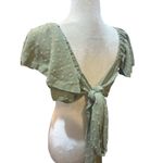 Sage Green Textured Square Neck Flutter Sleeve Crop Top Tie Back Photo 4