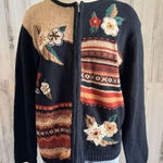 Vintage Fall Sweater leaves berries whimsical large grandma core patchwork Black Photo 0