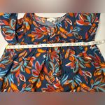 Oddi Blue and Orange Cuffed Sleeve Blouse with Bib Collar Photo 10