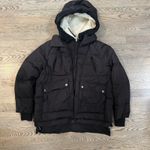 Black Down Puffer Coat Jacket Sherpa Lined Hooded Warm Winter Womens Photo 0
