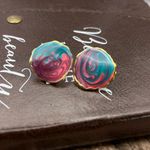 Vintage 1990s Pastel Paint Swirled Gold Tone Enamel Circle Stud Earrings Photo 1