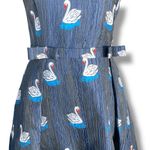 Retro Navy Blue Swan Print Sleeveless Fit and Flare Dress Bow Detail V Neckline Photo 3
