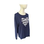 J.Crew  Teddie Sweater Women's XXL (XL) Navy Blue Gingham Heart 100% Cotton Photo 2