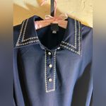 Vintage Navy Blue Dress with White Accents sheer sleeves belt w pearl details M Size M Photo 4