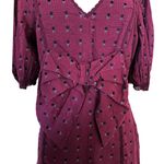 Love Shack Fancy  Lena Dress Short Puff Sleeves Burgundy Floral Bow V-Neck Medium Photo 5