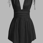 SheIn  MOD Solid Deep V Neck Knotted Shoulder Ruched Satin Black Dress Size M Photo 0