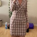 Women’s Pink Plaid Long Sleeve Collared Button Down Blazer Dress Vintage Size 8 Photo 4