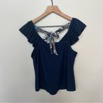 Hem & Thread  Navy Blue Ruffle Neckline Tie Back Shirt Size Small Photo 2