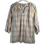 Talbots  Size M Ruffle Tunic Top Rainbow Plaid Lightweight Ladder Trim Split Neck Photo 1