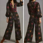 Farm Rio Anthropologie x Jumpsuit M NWT Deep-V Hearts Print Wide-Leg Photo 3