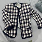 Amanda Smith Vintage Navy pink and white checkered blazer cardigan with shoulder pads  Photo 0