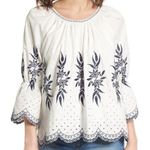 Moon River Embroidered Eyelet Scalloped Hem Boho Top White & Blue Size Small Photo 11