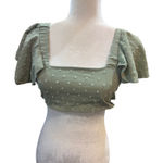 Sage Green Textured Square Neck Flutter Sleeve Crop Top Tie Back Photo 0