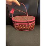 Oval Woven Vanity Case Cosmetic Bag Pink Trim Red Lined Closure Handle Brown Photo 2