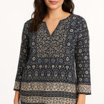 Lucky Brand Boho Navy Floral Border Print Tunic Top Size XL Photo 0