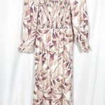 House of Harlow 1960 Floral Palm Linen Puff Sleeve Smocked Midi Dress: Beige Pink Photo 0