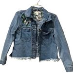 H&M  Love Coachella Denim Jacket Womens 10 Blue Raw Hem Flower Embroidered Casual Photo 0