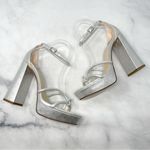 NEW Pelle Moda Gilian Metallic Leather Platform Flared Block Heel Sandals Glam 9 Silver Photo 2