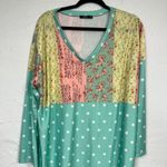 Lily Green Pink Floral Polka Dot Patchwork Blouse Womens 1X Boho Casual Spring Photo 1