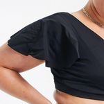 Scoop back black V plunge neck flutter sleeve wrap bikini top Size 14 Photo 2