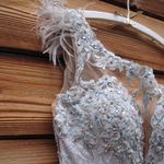 Mac Duggal  79264 Blue Embroidered Applique Feathered One Shoulder Trumpet Gown Photo 10