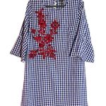 Chelsea & Theodore Gingham Blue White Floral Cotton Embroidered Dress Women's XL Photo 2