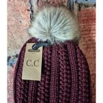 NWT C.C Thick Cable Knit Cuffed Beanie Maroon Faux Fur Pom Fleece Lined Red Photo 1