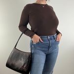 Vintage 90s Black Dark Brown Shiny Faux Leather Croc Embossed Shoulder Bag Photo 0