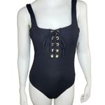 Rue 21 New Lace Front Ribbed Black Solid One Piece Swimsuit Womens Small Padded Photo 0