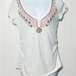 Athleta  T-Shirt V-Neck Embroidered Stitching Short Sleeve Tee Shirt‎ White XS Photo 0
