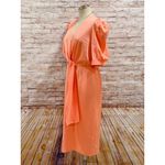Entro  Women's Peach Crazy Rich Satin Puff Sleeve Wrap Midi Dress Size L Photo 1