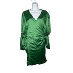 Marks & Curves Emerald Green Satin Wrap Midi Dress Puff Sleeve Tie Waist Large Photo 1