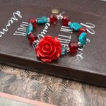 Red Rose Statement Beaded Bracelet – Boho Indie Cottagecore Blue Glass Beads Photo 2