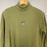 Wool Sweater Rabbit Patch‎ Quirky Green Turtleneck Long Sleeve Bunny Pullover Size M Photo 3