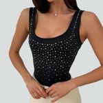 NWT Y2K Rhinestone Square Neck Sleeveless Bodysuit Sz XS Black Photo 1