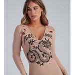 Windsor  beige long sleeve Fiercely Bold Dragon Graphic Mini Dress sexy slashes​ Photo 2